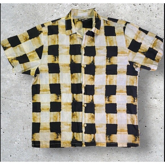 Stacy Adam Shirt Mens XXL 2XL Short Sleeve Button Up Linen Cotton Blk White Yelo - Picture 1 of 11